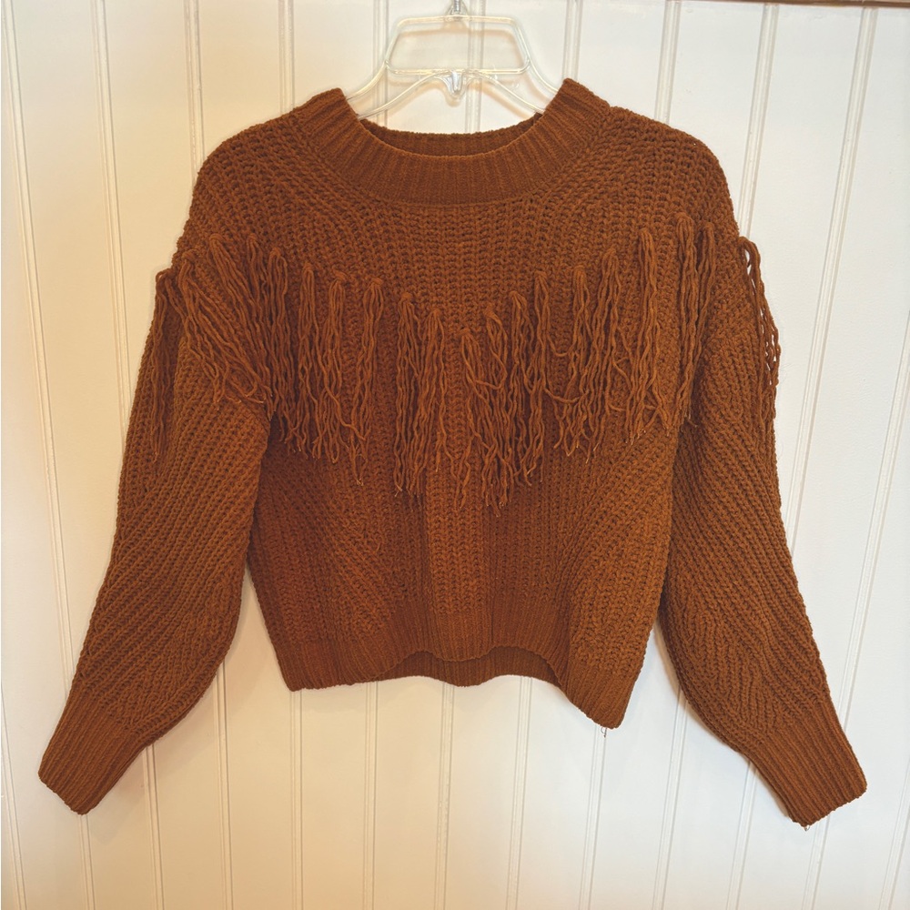 Pink Rose Camel Brown Fringe Sweater